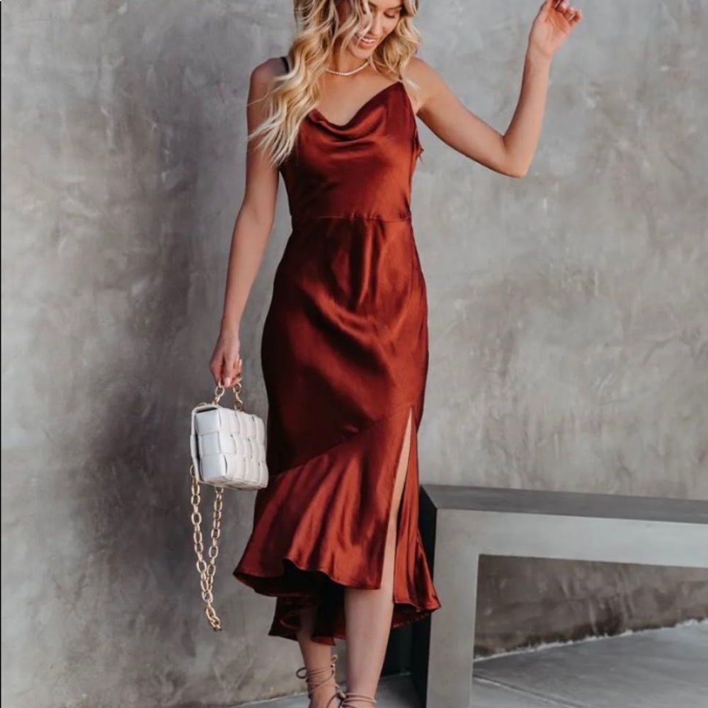 Satin MIDI Slip Dress in Rust